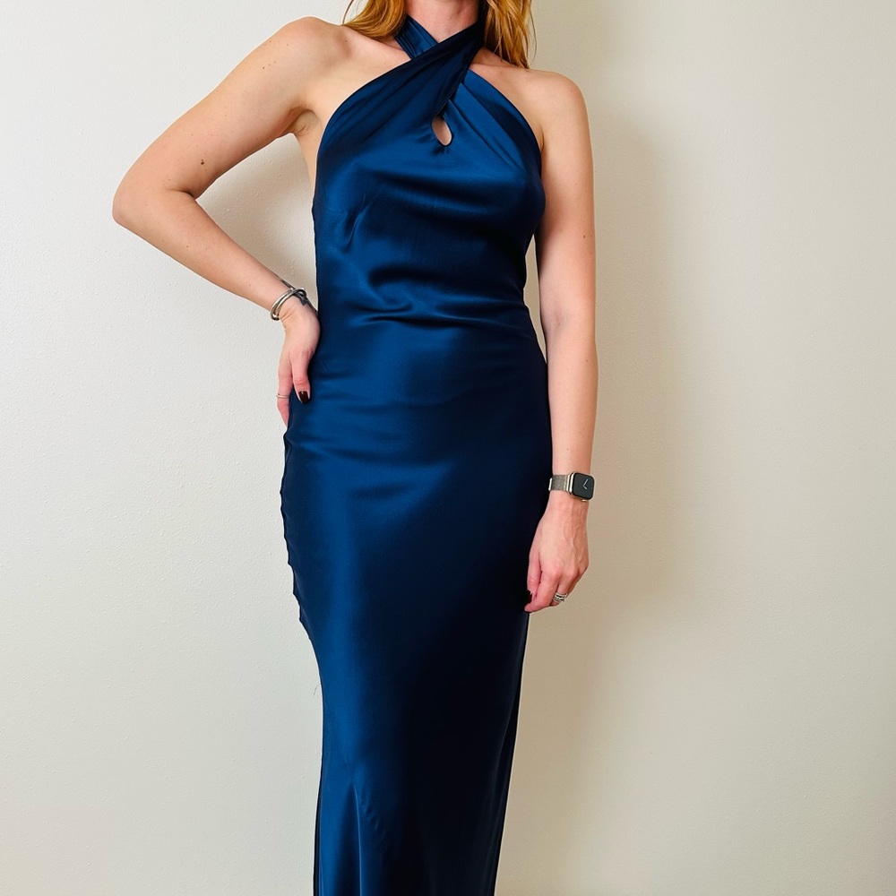 New Amanda Uprichard Jade Silk Dress Navy Maxi Halter Open Back - Picture 7 of 13